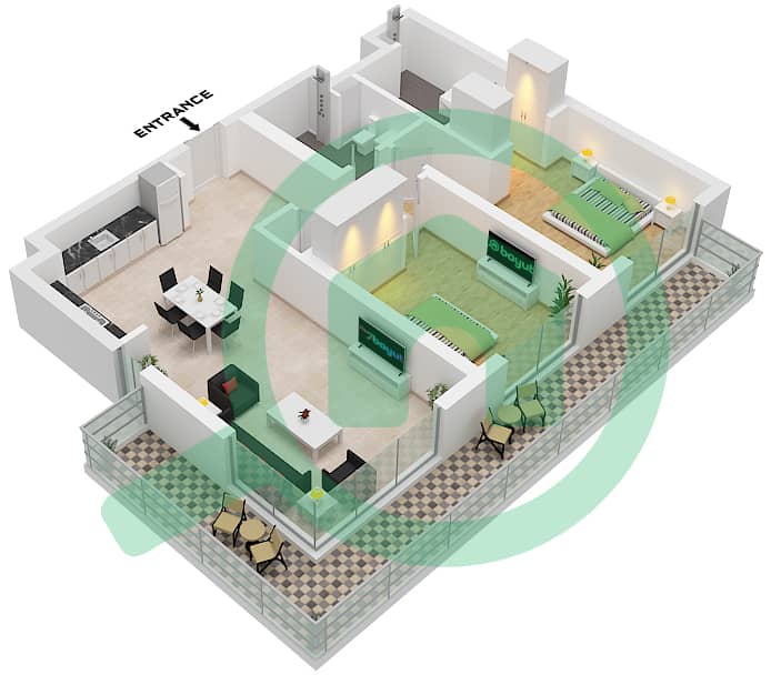 Seascape Building 2 - 2 Bedroom Apartment Type/unit 1D / UNIT 3,7 FLOOR 7 Floor plan Type 1D Unit 3,7 Floor 7 interactive3D