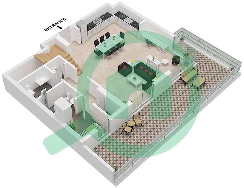 المخططات الطابقية لتصميم النموذج / الوحدة 1A / UNIT 1,5 تاون هاوس 3 غرف نوم - سي سكيب بناية 2 Type 1A Unit 1,5 Floor Ground interactive3D