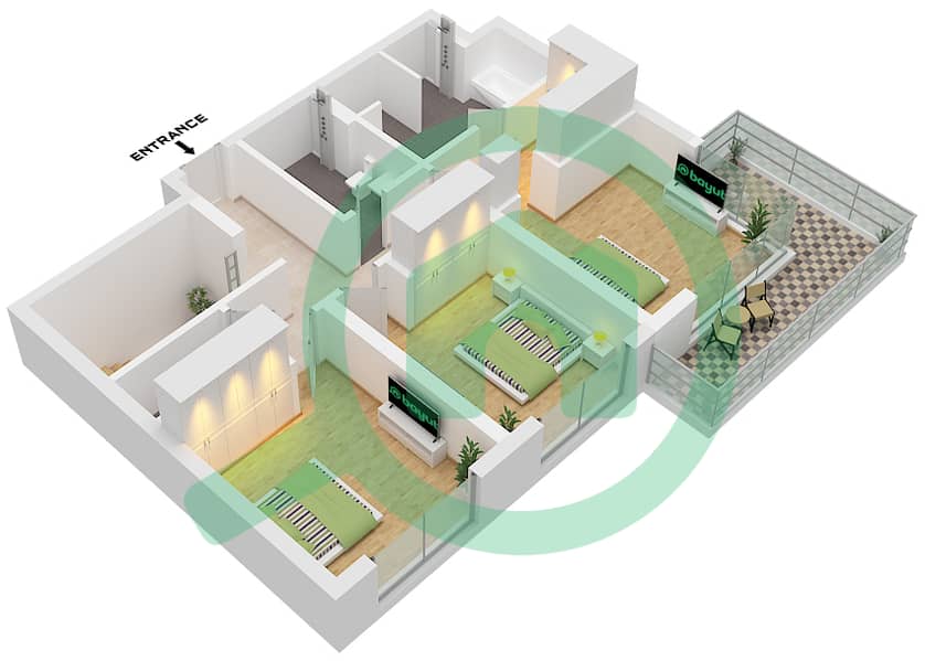 المخططات الطابقية لتصميم النموذج / الوحدة 1A / UNIT 1,5 تاون هاوس 3 غرف نوم - سي سكيب بناية 2 Type 1A Unit 1,5 Floor First interactive3D