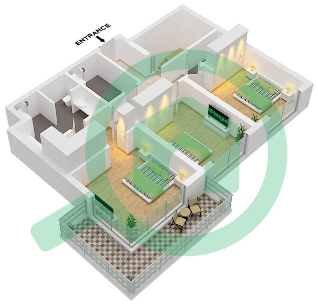 المخططات الطابقية لتصميم النموذج / الوحدة 1B / UNIT 2 تاون هاوس 3 غرف نوم - سي سكيب بناية 2 Type 1B Unit 2 Floor First interactive3D