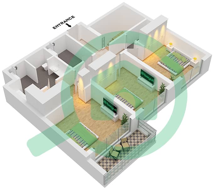 المخططات الطابقية لتصميم النموذج / الوحدة 2B / UNIT 3 تاون هاوس 3 غرف نوم - سي سكيب بناية 2 Type 2B Unit 3 Floor First interactive3D