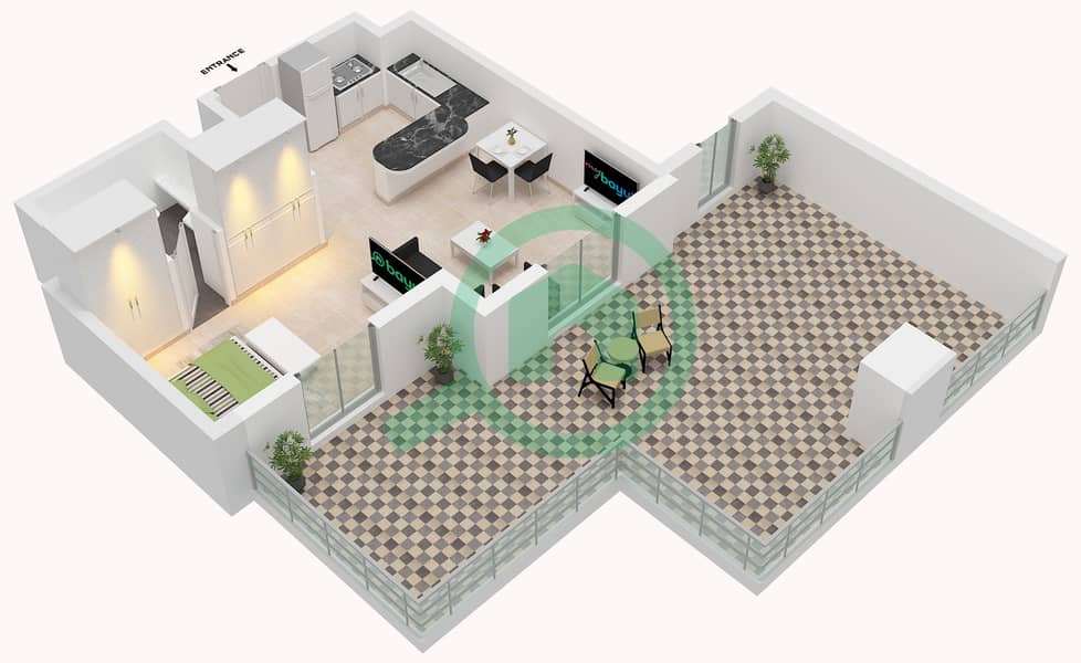 Al Thamam 06 - Planimetria del piano di Monolocale Appartamento Tipo A Type A interactive3D