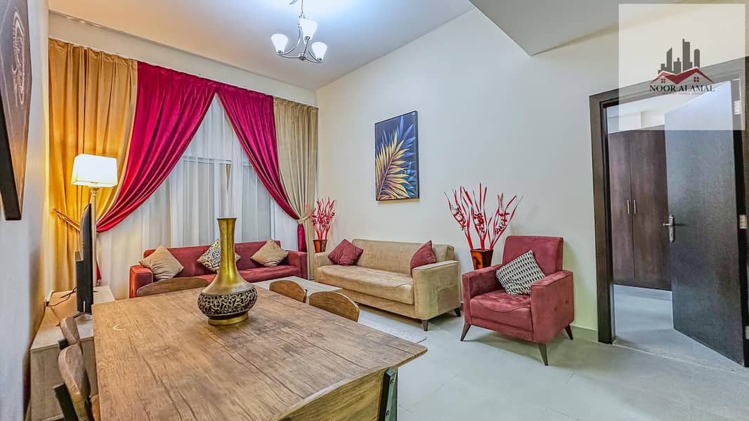 Dubai, Mirdif, opposite Mirdif City Centre, 3 bedrooms, hall, 4 bathrooms, first tenant, fully furnished with hotel furniture, large balcony, and park