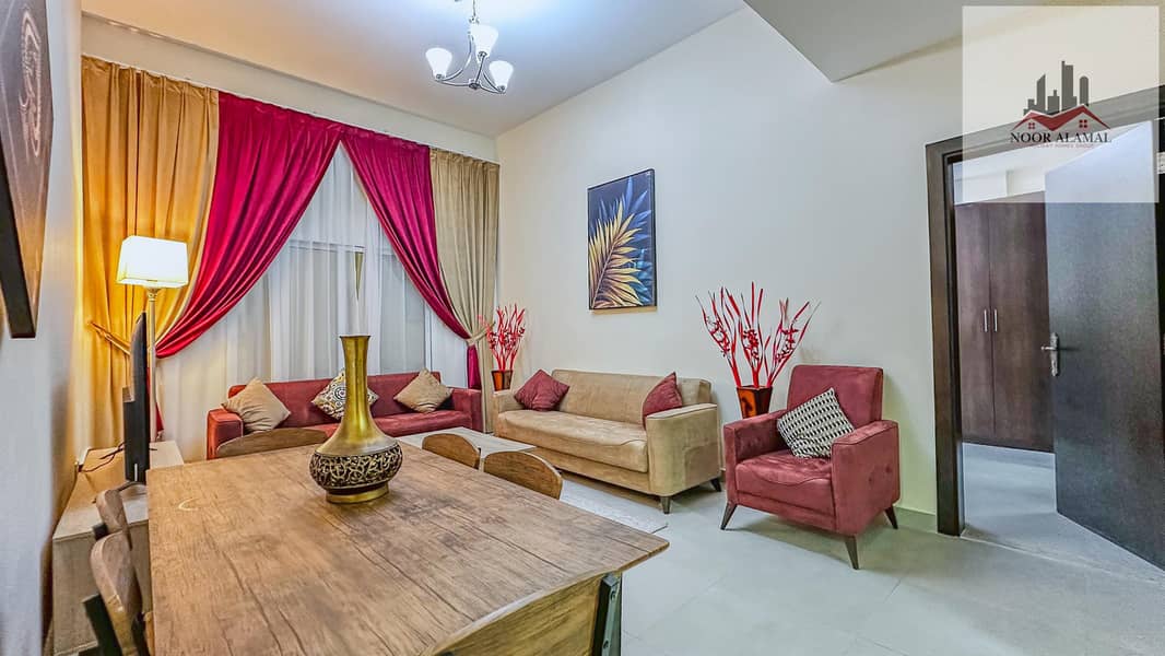 Dubai, Mirdif, opposite Mirdif City Centre, 3 bedrooms, hall, 4 bathrooms, first tenant, fully furnished with hotel furniture, large balcony, and park