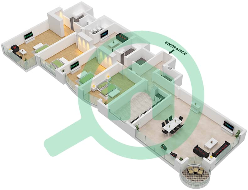 Al Anwar Tower - Planimetria del piano di 4 Camere Appartamento Unità 3 FLOOR 1-5 Unit 3 Floor 1-5 interactive3D