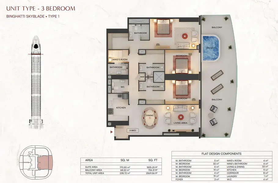 3 BR floor plan