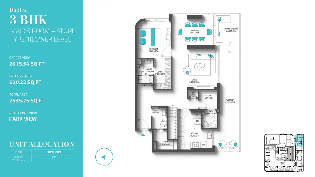 3 BR floor plan