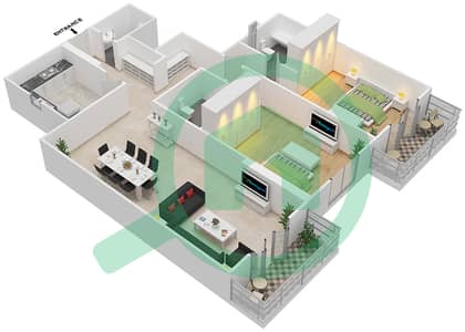 المخططات الطابقية لتصميم النموذج 2B-B شقة 2 غرفة نوم - أبراج رياح