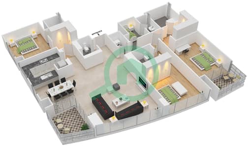 المخططات الطابقية لتصميم الوحدة 3 FLOOR 3-15,17-27 شقة 3 غرف نوم - مساكن خور دبي 3 جنوب