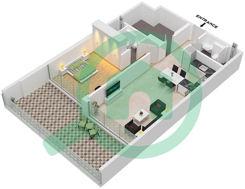 Type O Dusk by Binghatti - 1 Bedroom Apartment Type O Floor plan Type O interactive3D