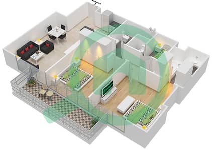المخططات الطابقية لتصميم النموذج 2A1 شقة 2 غرفة نوم - مساكن مونت روز A