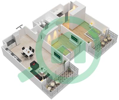 المخططات الطابقية لتصميم الوحدة 2 FLOOR 1-17 شقة 2 غرفة نوم - سانرايز باي