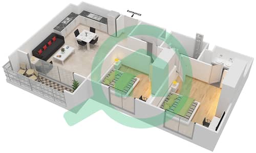 المخططات الطابقية لتصميم النموذج 2E-1 شقة 2 غرفة نوم - شقق صافي 1B