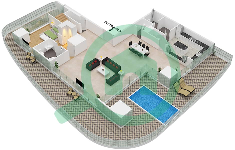 Type C Floor 54 Tower A Lower Floor DAMAC Bay 2 by Cavalli - 3 Bedroom Apartment Type C FLOOR 54 TOWER A Floor plan Type C Floor 54 Tower A Lower Floor interactive3D