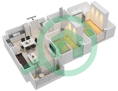 المخططات الطابقية لتصميم النموذج 2B-9 شقة 2 غرفة نوم - شقق صافي 1B