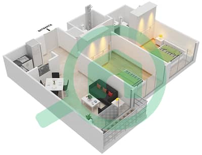 المخططات الطابقية لتصميم الوحدة 3 شقة 2 غرفة نوم - برايم ريزيدنس 1