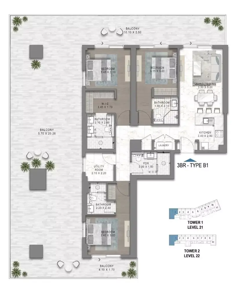 3 BR floor plan