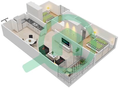 المخططات الطابقية لتصميم النموذج 1B شقة 2 غرفة نوم - عزيزي ريفييرا 9