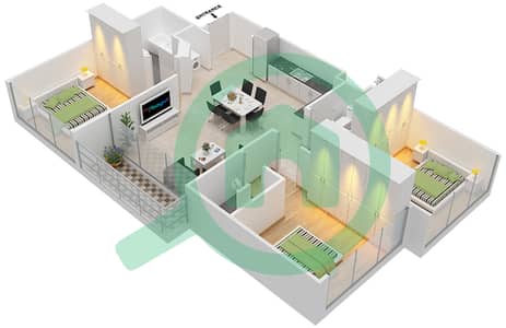 Азизи Ривьера 9 - Апартамент 3 Cпальни планировка Тип 1B