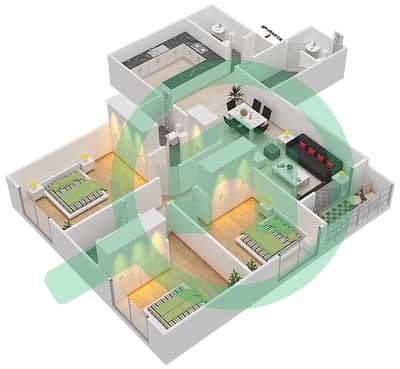 المخططات الطابقية لتصميم النموذج A شقة 3 غرف نوم - بارادايس ليك B5