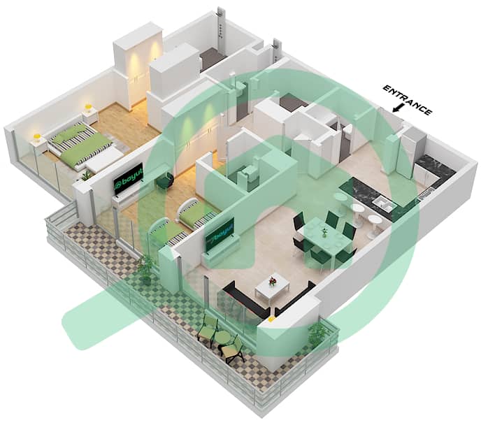 Type C Canal Front Residences 6 - Grundriss für 2 Schlafzimmer Wohnung Typ C Type C interactive3D