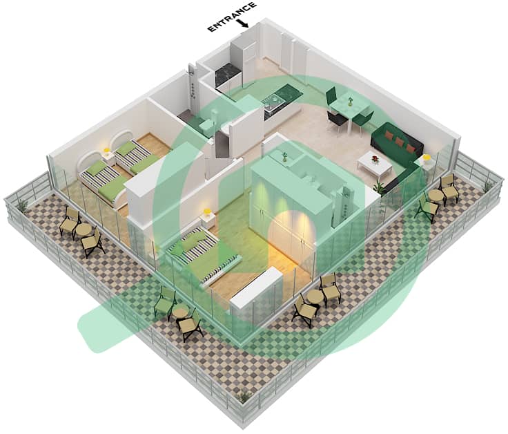 Diva - Plano de planta de 2 habitaciones Apartamento Tipo A FLOOR GROUND-12 Type A Ground Floor, Floor 1-12 interactive3D