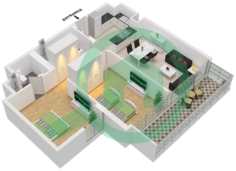 Diva - Plano de planta de 2 habitaciones Apartamento Tipo F FLOOR 1-12 Type F Floor 1-12 interactive3D
