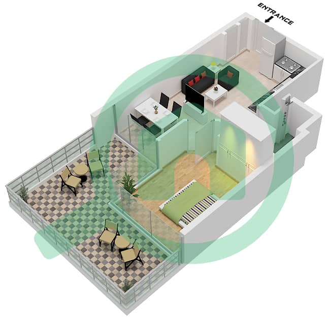 Diva - Plano de planta de 1 habitación Apartamento Tipo B  FLOOR GROUND-12 Type B Ground Floor, Floor 1-12 interactive3D