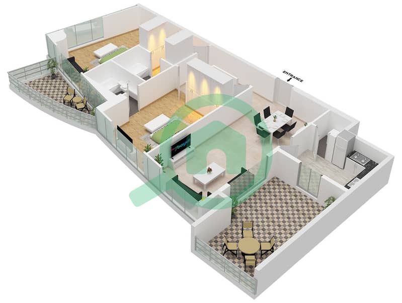 Skyview Tower - Grundriss für 2 Schlafzimmer Wohnung Typ/Einheit B / UNIT 01 FLOOR 17 Type B Unit 01 Floor 17 interactive3D