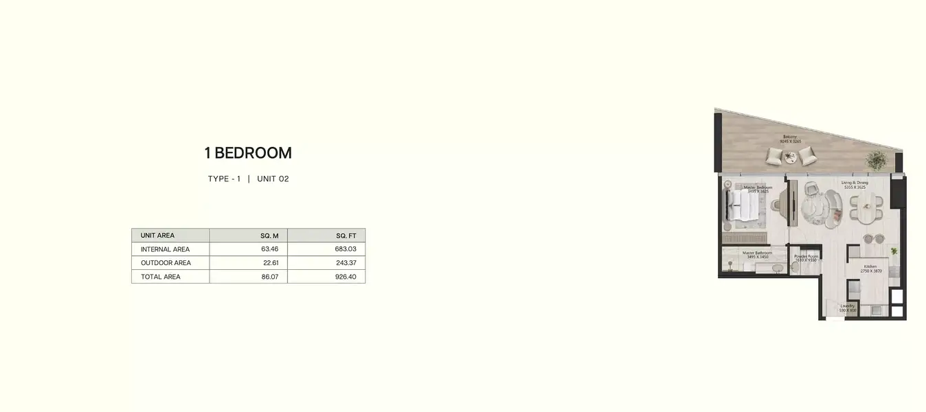 1 BR floor plan