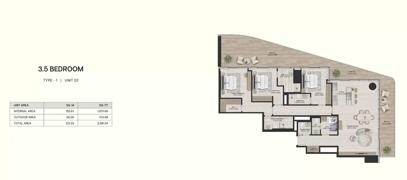 3 BR floor plan