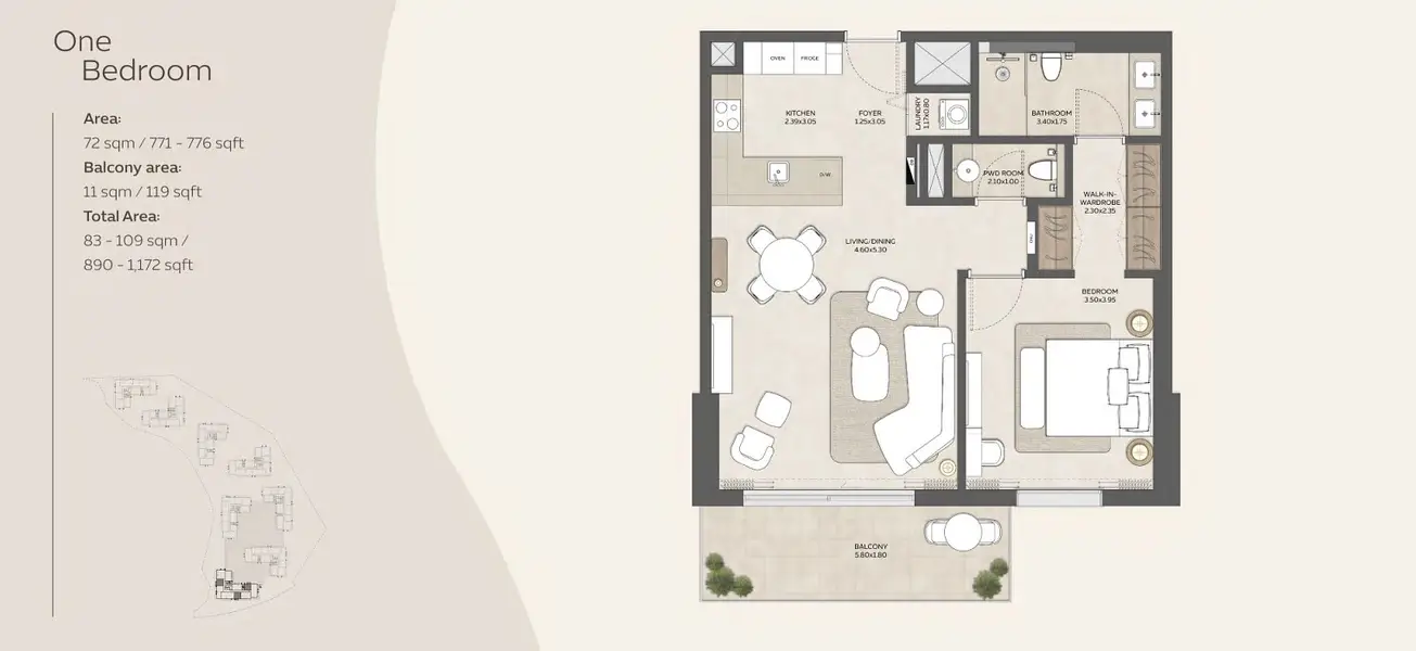 1 BR floor plan