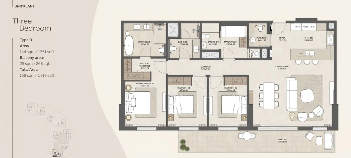 3 BR floor plan