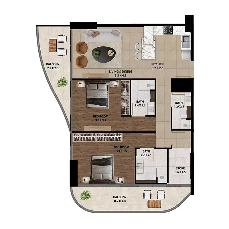 2 BR floor plan