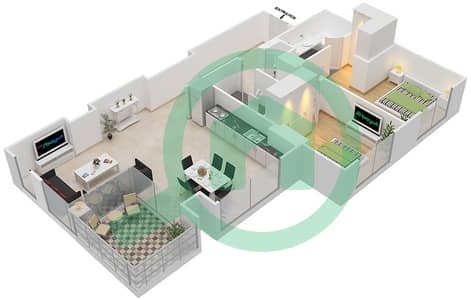 المخططات الطابقية لتصميم النموذج 2E-2 شقة 2 غرفة نوم - شقق وردة 1