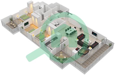 المخططات الطابقية لتصميم النموذج 3D-1 شقة 3 غرف نوم - شقق وردة 1