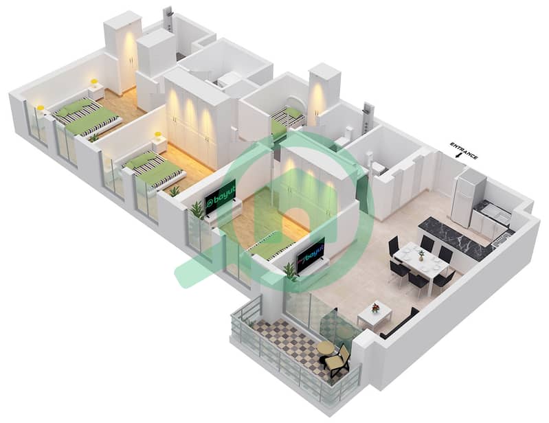 Anbar Residences - Planimetria del piano di 3 Camere Appartamento Tipo/unità D / UNIT 2 FLOOR 1-9 Type D Unit 2 Floor 1-9 interactive3D