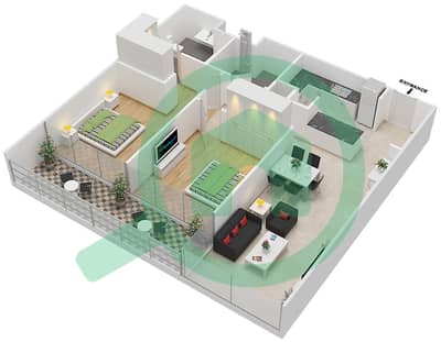 المخططات الطابقية لتصميم النموذج A-LARGE شقة 2 غرفة نوم - برج سكاي كورتس E