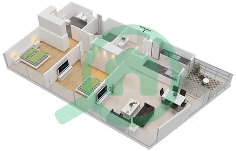 المخططات الطابقية لتصميم النموذج A-MEDIUM شقة 2 غرفة نوم - برج سكاي كورتس E