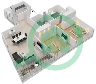 المخططات الطابقية لتصميم النموذج C-MEDIUM شقة 2 غرفة نوم - برج سكاي كورتس E