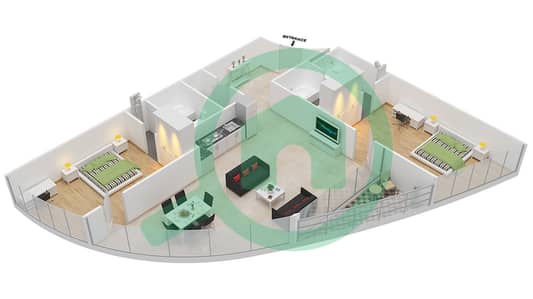 المخططات الطابقية لتصميم النموذج F1 شقة 2 غرفة نوم - برج بارك تاور A