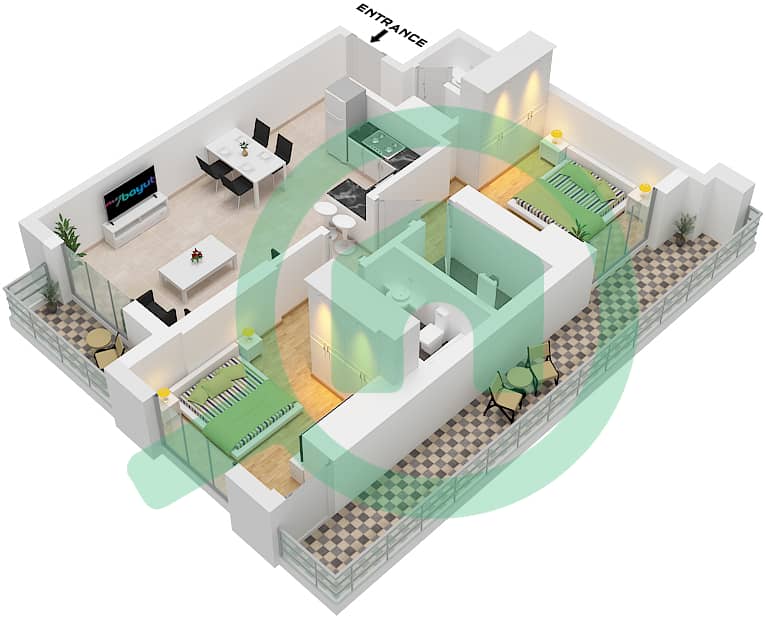 Azizi Plaza - 2 Bedroom Apartment Type A Floor plan Type A interactive3D