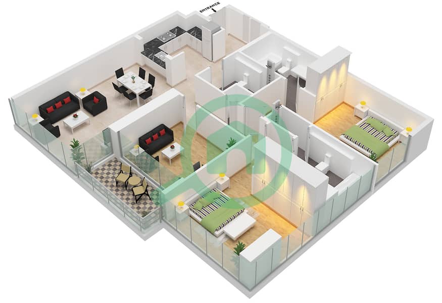 South Living - Plano de planta de 2 habitaciones Apartamento Tipo/unidad 2B/UNIT 6,9,15 FLOOR 1-12 Type 2B Unit 6 Floor 1 
Unit 9 Floor 2
Unit 10,16 Floor 3-7 
Unit 9,15 Floor 8-12 interactive3D