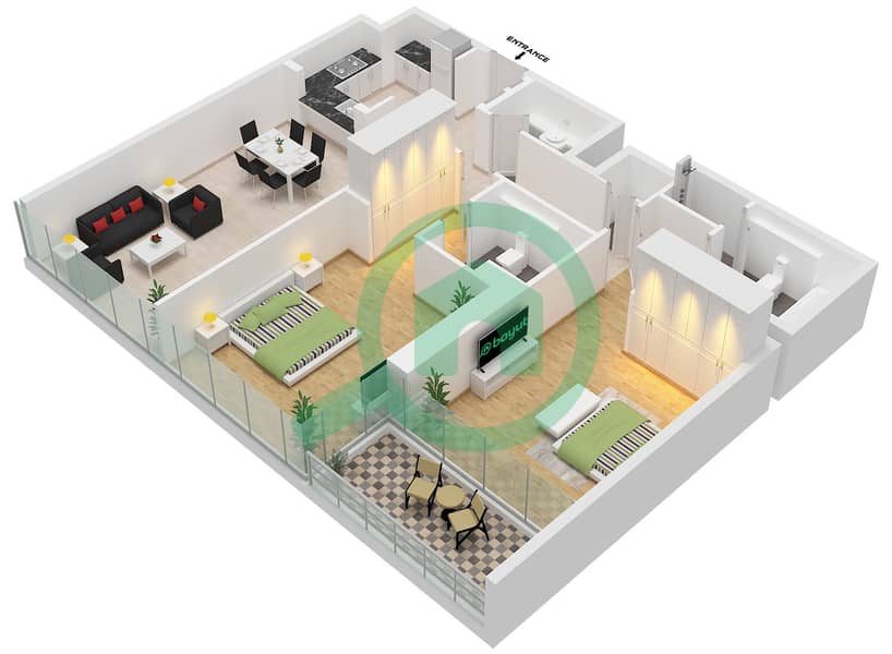 South Living - Plano de planta de 2 habitaciones Apartamento Tipo/unidad 5 / UNIT 12,14 FLOOR 3-12 Type 5 Unit 12 Floor 3-7 
Unit 14 Floor 8-12 interactive3D