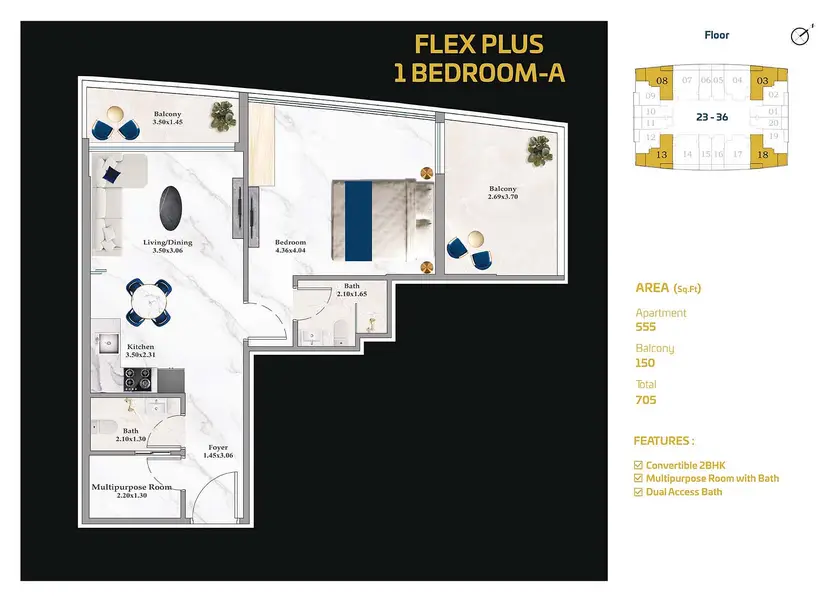1 BR floor plan