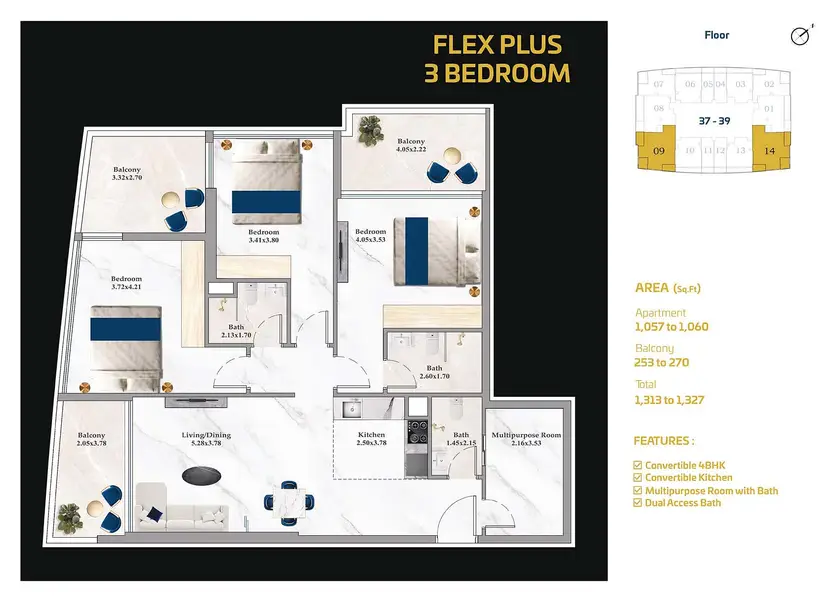 3 BR floor plan