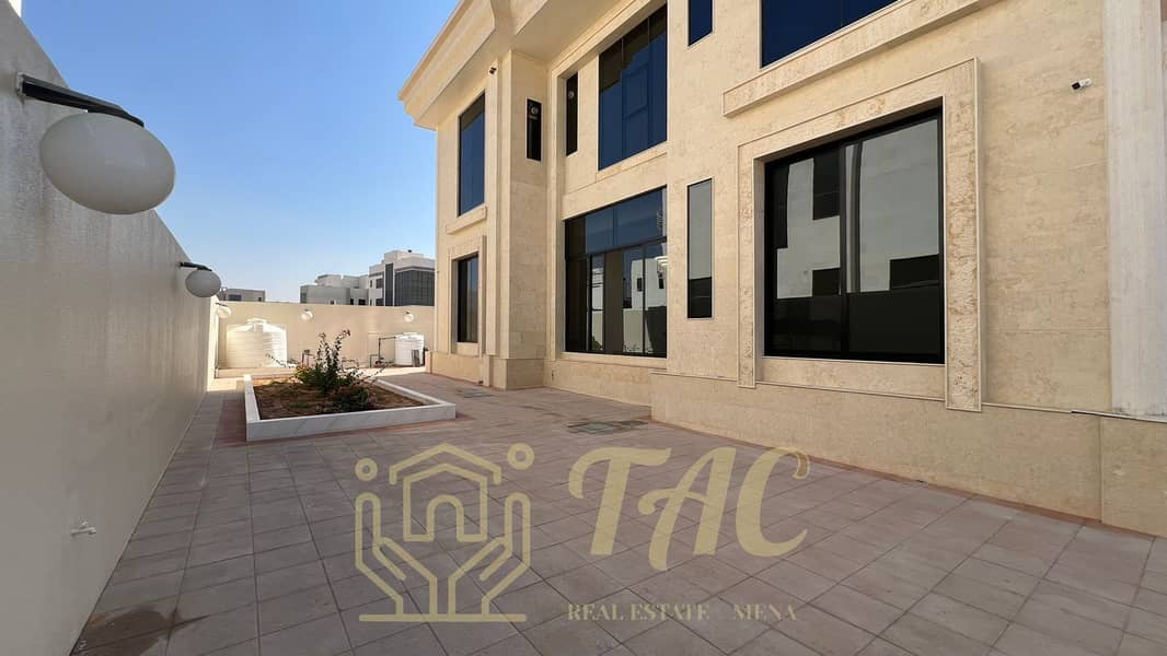 villa in the Mushrif area with a European design in a prime location, directly overlooking the main street, consisting of 6 master bedrooms.