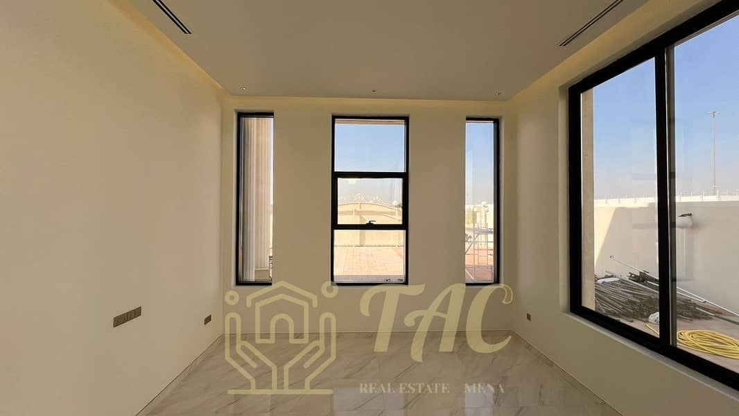 villa in the Mushrif area with a European design in a prime location, directly overlooking the main street, consisting of 6 master bedrooms.