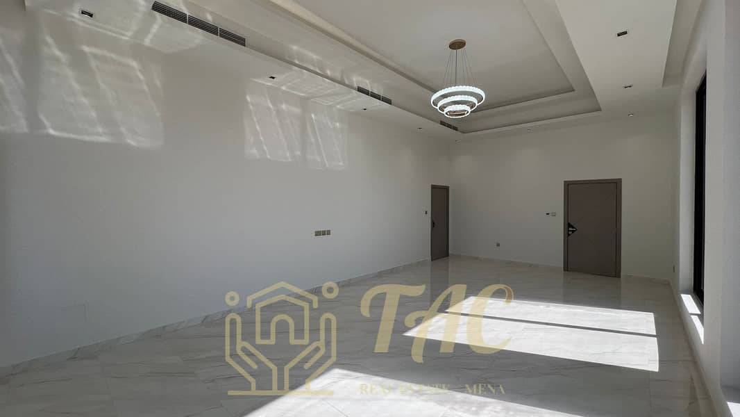 villa in the Mushrif area with a European design in a prime location, directly overlooking the main street, consisting of 6 master bedrooms.