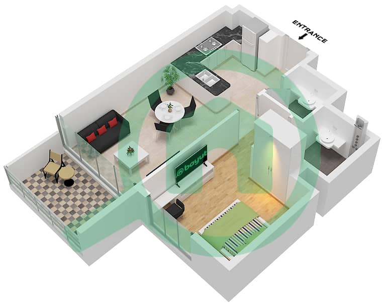 Binghatti Ruby - Grundriss für 1 Schlafzimmer Wohnung Typ 1 Type 1 interactive3D